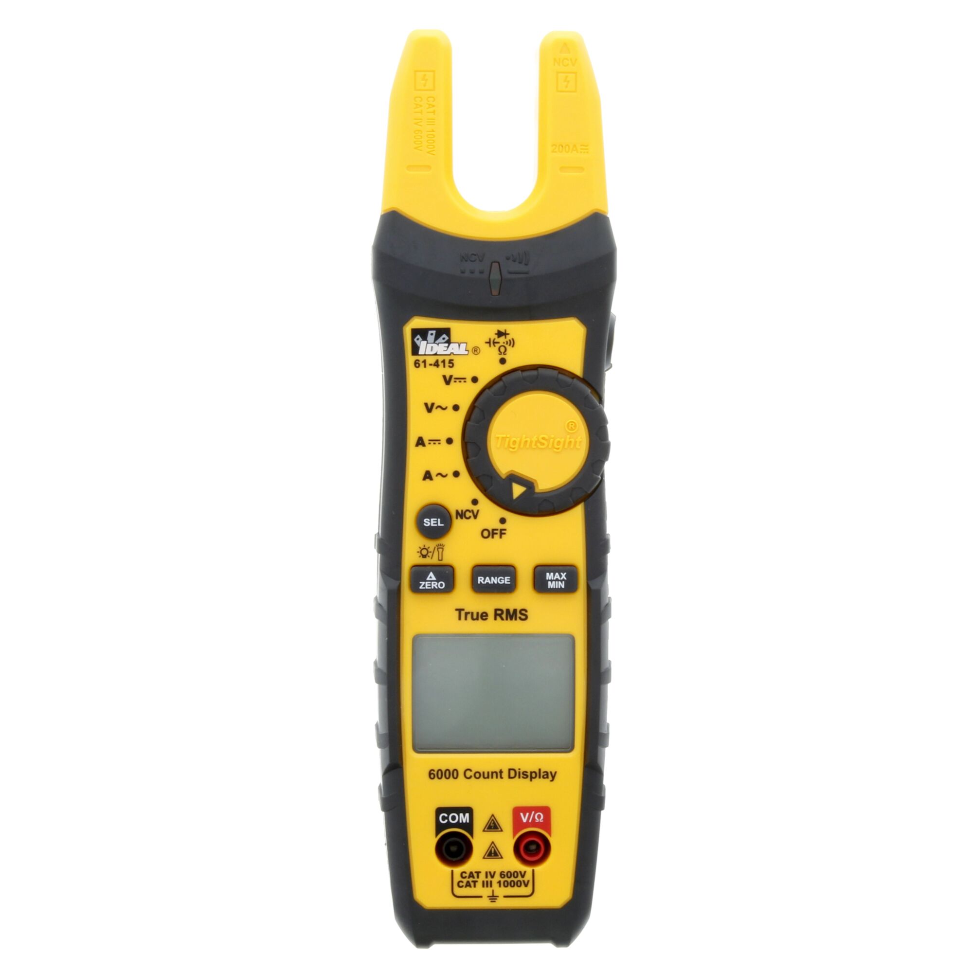 IDEAL, Split-Jaw™ TightSight™ Meter 200A AC/DC, UL Certified CAT IV 600V & CAT III 1000V, measures 0-200 Amps AC/DC and 0-1000 Volts AC/DC, Auto Power Off, Backlit Display, Dual LCD Display, Auto Ranging, Audible Continuity, 61&